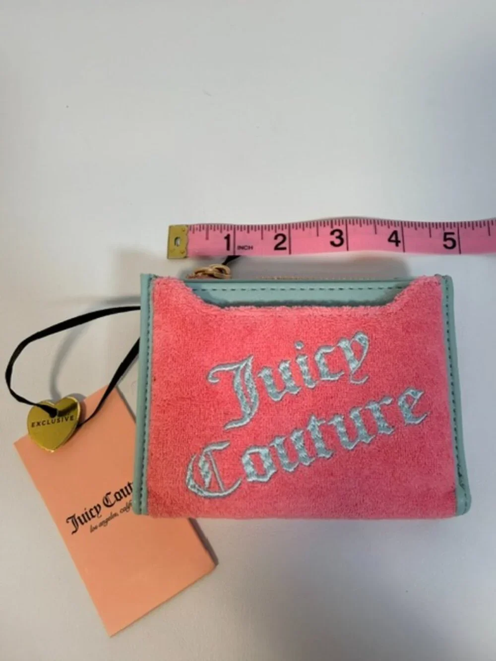 NWT Juicy Couture Terrycloth Blue and Pink Wallet Heart Charm Coin Purse